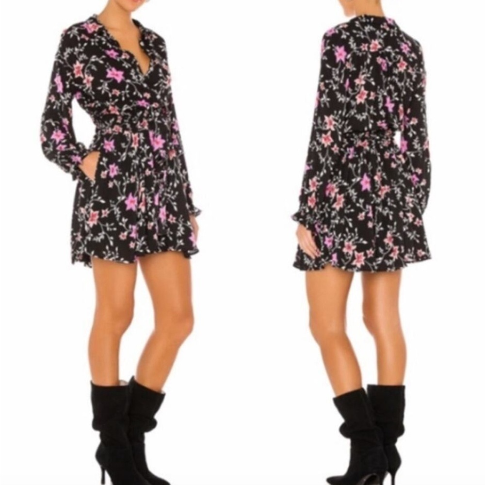 EUC Free People Lighten Up Floral Long Sleeve Mini Ruffle Shirt Dress, Size M